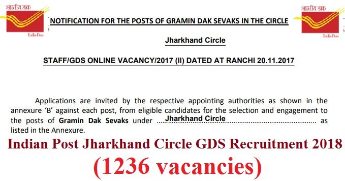 Indian Post Jharkhand Circle GDS Recruitment 2018 (1236 vacancies)