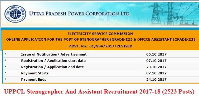 UPPCL Stenographer And Assistant Recruitment 2017-18 (2523 Posts)