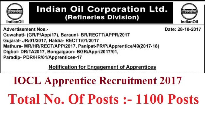 IOCL Apprentice Recruitment 2017 [1100 Posts]