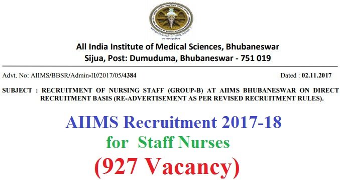 AIIMS Recruitment 2017-18 for Staff Nurses (927 Vacancy)
