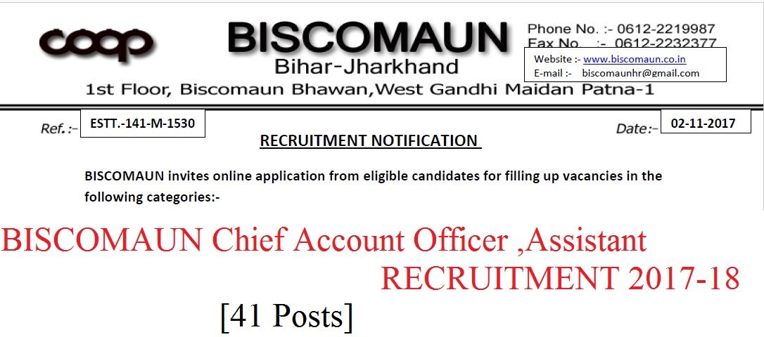 BISCOMAUN Chief Account Officer ,Assistant RECRUITMENT 2017-18 [41 Posts]