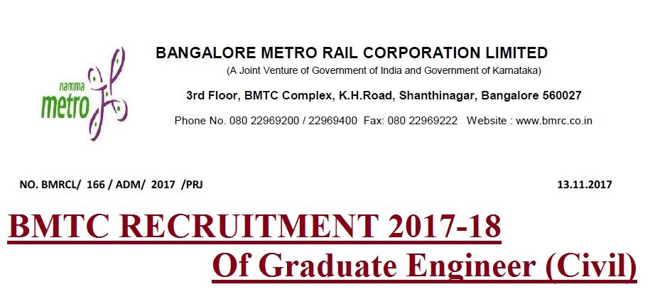 BMTC RECRUITMENT 2017-18 of Graduate Engineer (Civil)
