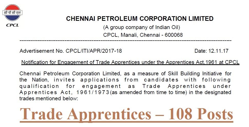 CPCL Recruitment 2017-18 for Apprentices – 108 Posts