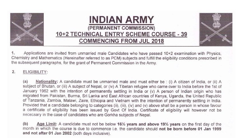 INDIAN ARMY 10+2 TECHNICAL ENTRY SCHEME 2018
