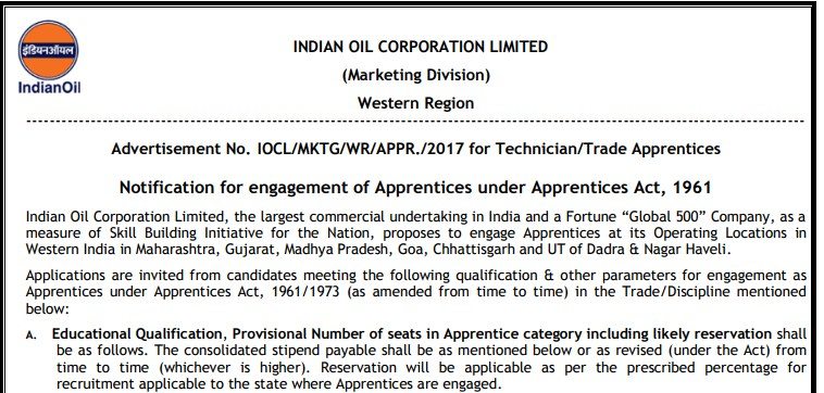 IOCL, Western Region Apprentices Recruitment 2017 [395 Posts]