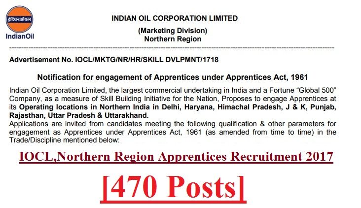 IOCL,Northern Region Apprentices Recruitment 2017 [470 Posts]