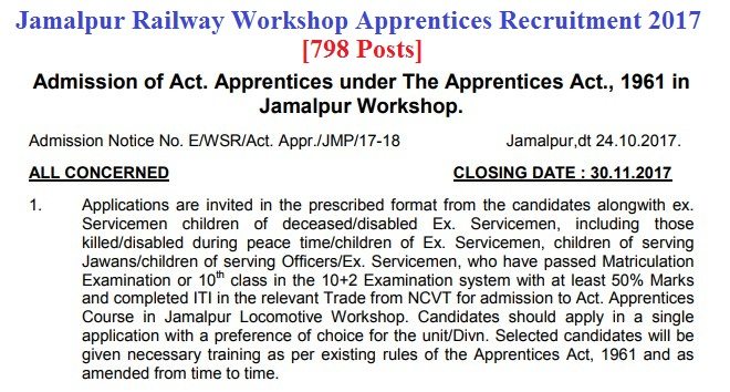 Jamalpur Railway Workshop Apprentices Recruitment 2017 [798 Posts]