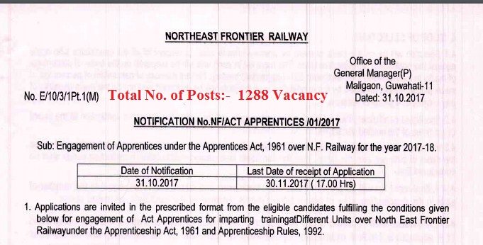Northeast Frontier Railway Recruitment 2017 –  1288 Apprentice Posts
