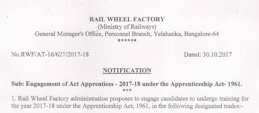 Rail Wheel Factory Apprentices Recruitment 2017- 2018 [192 Posts]