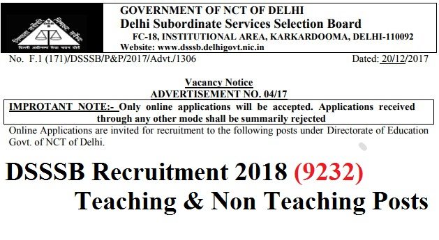 DSSSB Recruitment 2018 (9232) Teaching & Non Teaching Posts