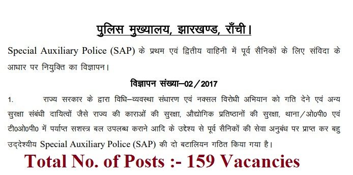 Jharkhand Police Recruitment of Special Auxiliary Police (SAP) 2018