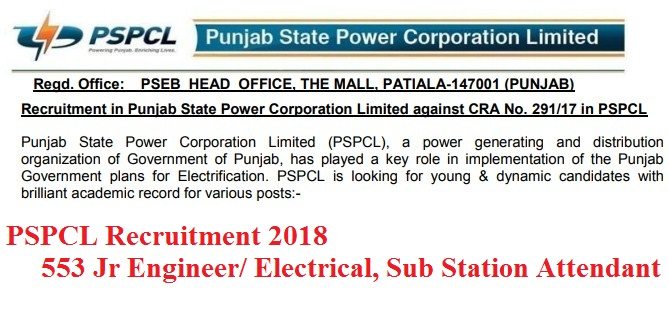 PSPCL Recruitment 2018- 553 Jr Engineer/ Electrical, Sub Station Attendant