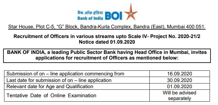 Bank of India (BOI) Officer in Various Post Recruitment 2020