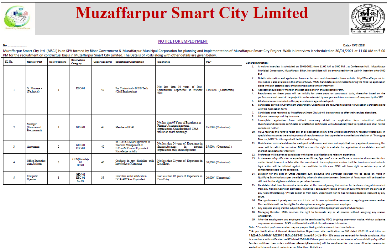 [Direct Interview ] Muzaffarpur Smart City Recruitment 2021