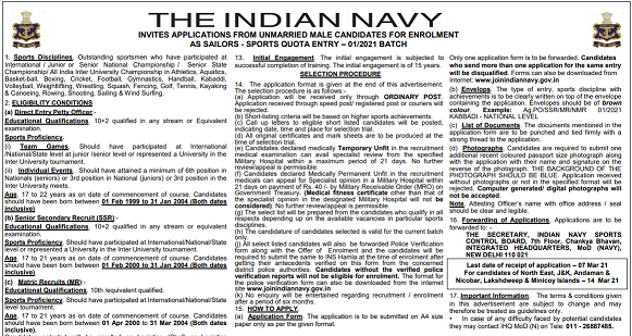 Indian Navy Sport Quota Recruitment as Sailor 2021