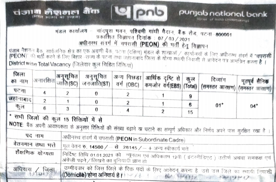 PNB Bihar Peon Direct Recruitment 2021