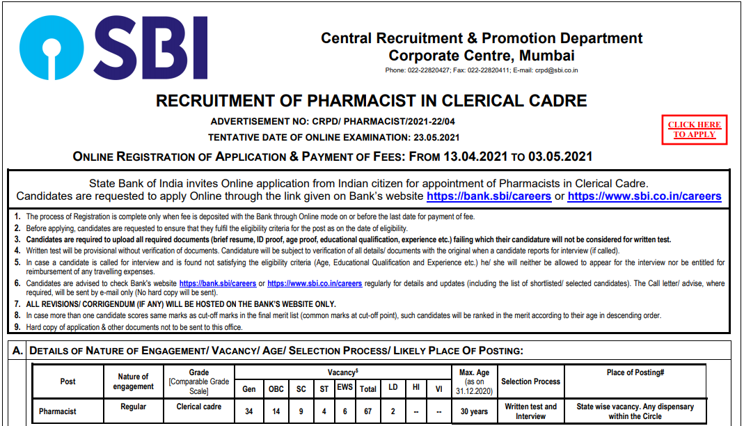 SBI Pharmacist Clerk Recruitment Online Form 2021