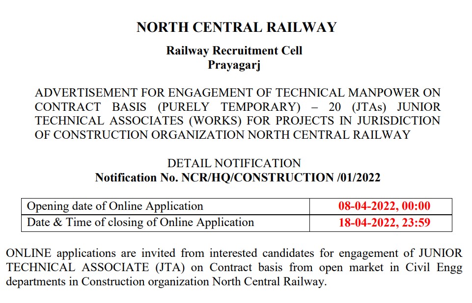 NCR Railway RRC Prayagraj JTA Recruitment Online Form 2022