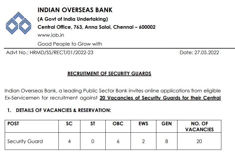 Indian Overseas Bank Security Guard Recruitment 2022