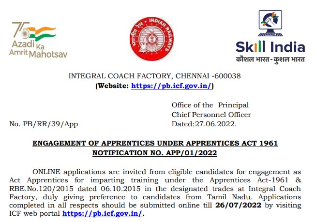 Integral Coach Factory, Chennai Apprentice – 876 Posts Recruitment 2022