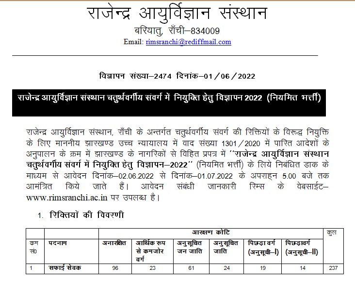 RIMS Ranchi Safai Karmchari Recruitment 2022