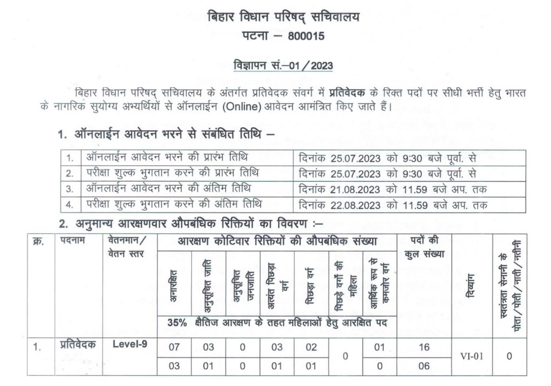 Bihar Vidhan Sabha Prativedak Recruitment