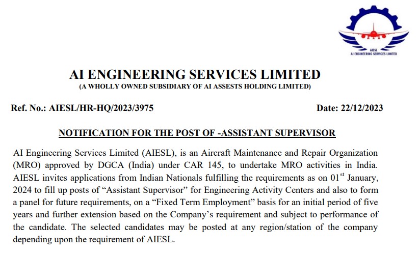 AIESL Assistant Supervisor Recruitment 2024