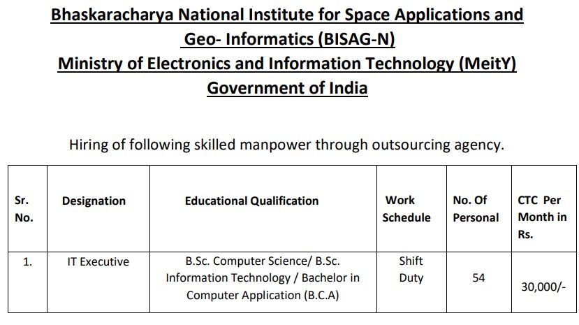 BISAG-N IT Executive Recruitment 2024 for BCA