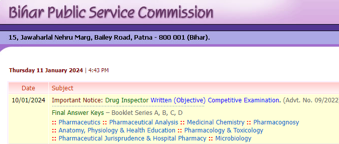 Final Answer Keys-BPSC Drug Inspector Written (Objective) Competitive Examination