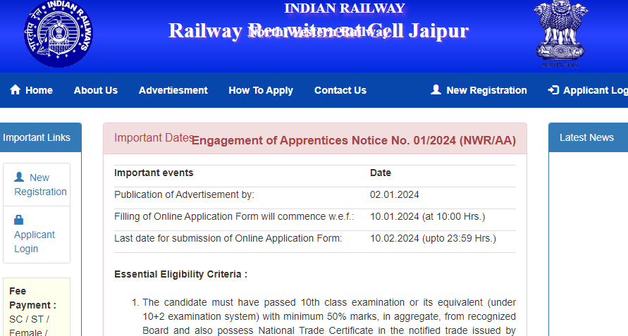 RRC Jaipur Apprentice Recruitment 2024