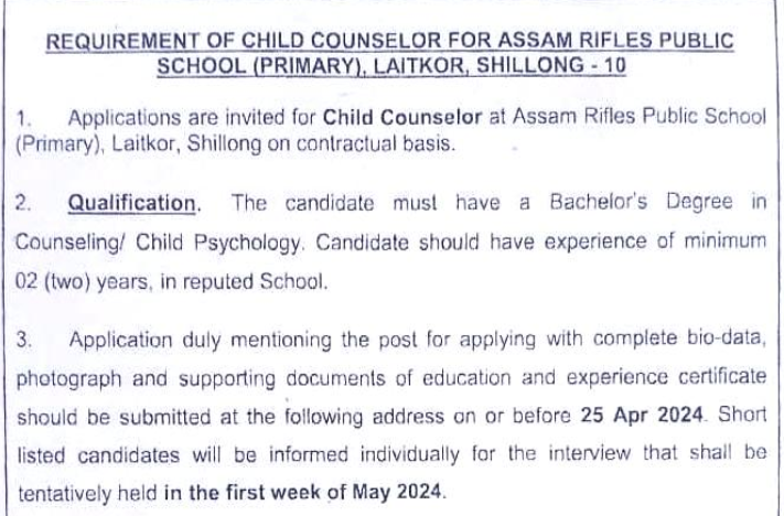 Assam Rifles Public School Child Counselor Recruitment 2024